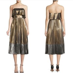Aidan Mattox Gold and Silver Strapless Pleated Dress Sz 10